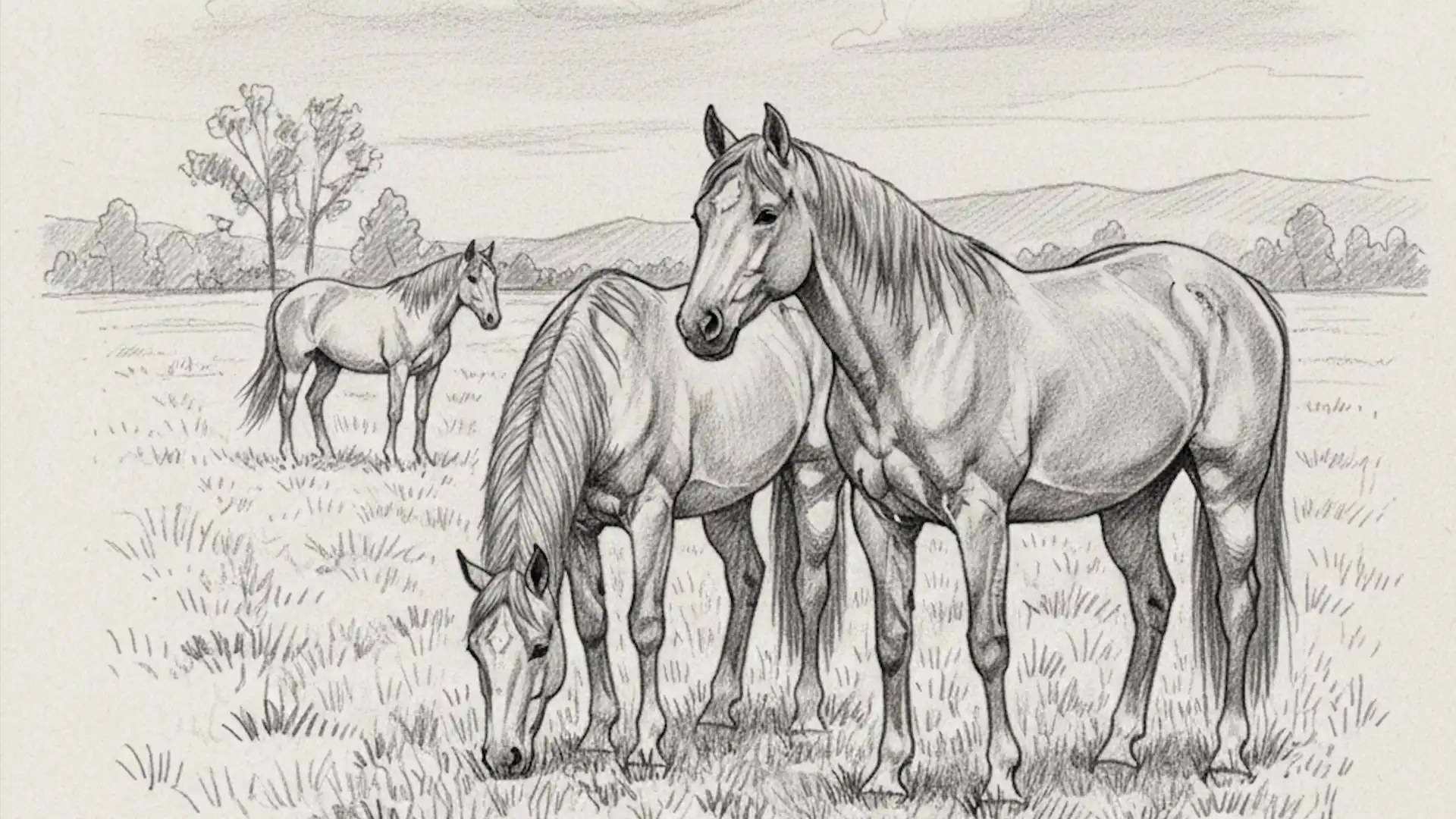 Zeichnung von Pferden auf einer Weide