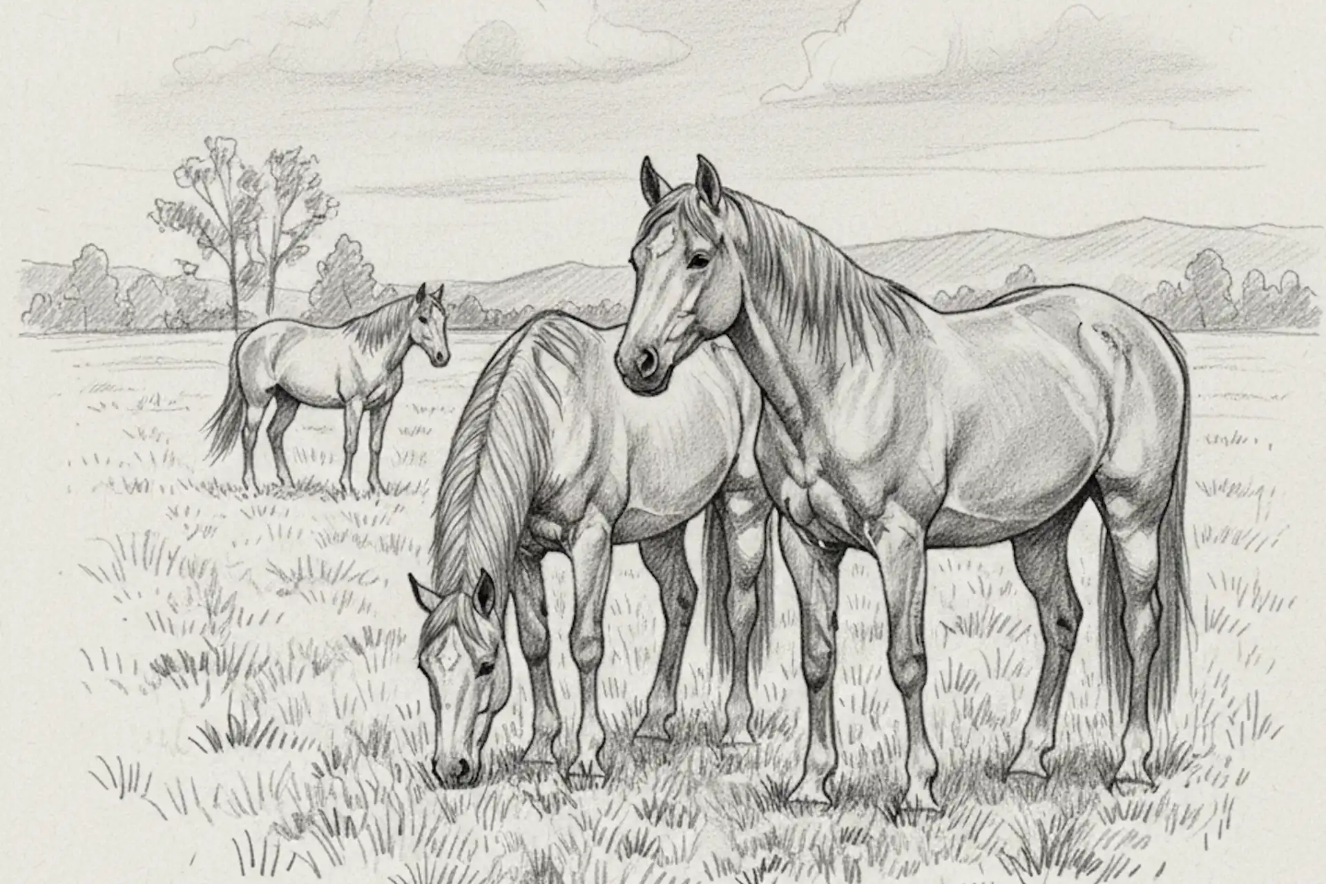 Zeichnung von Pferden auf einer Weide