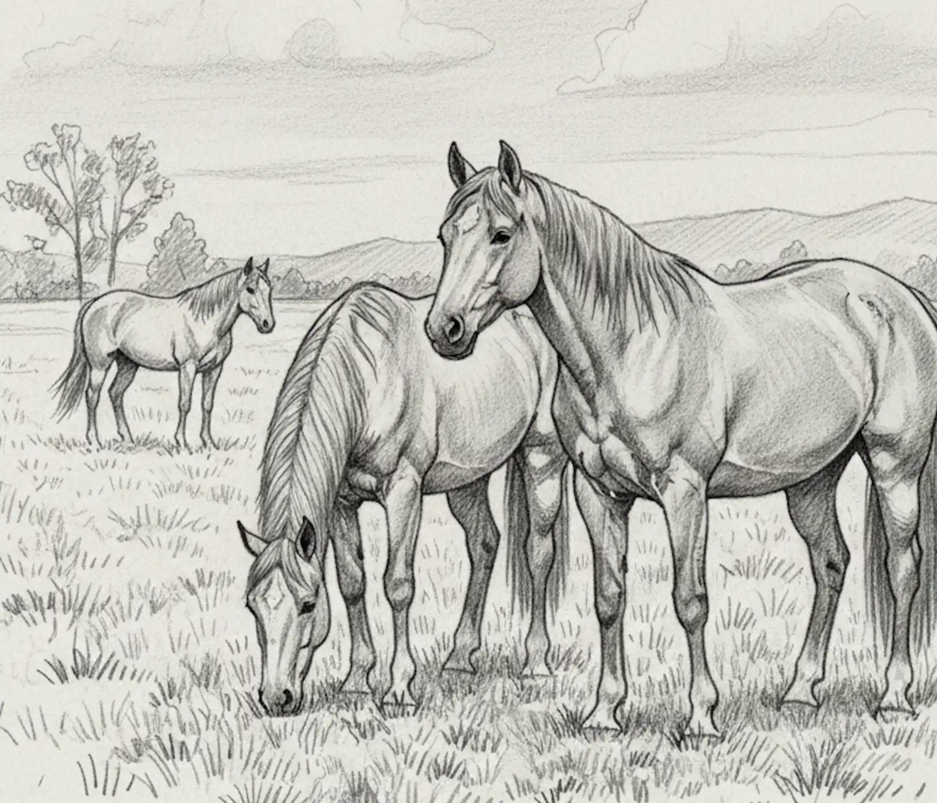 Zeichnung von Pferden auf einer Weide