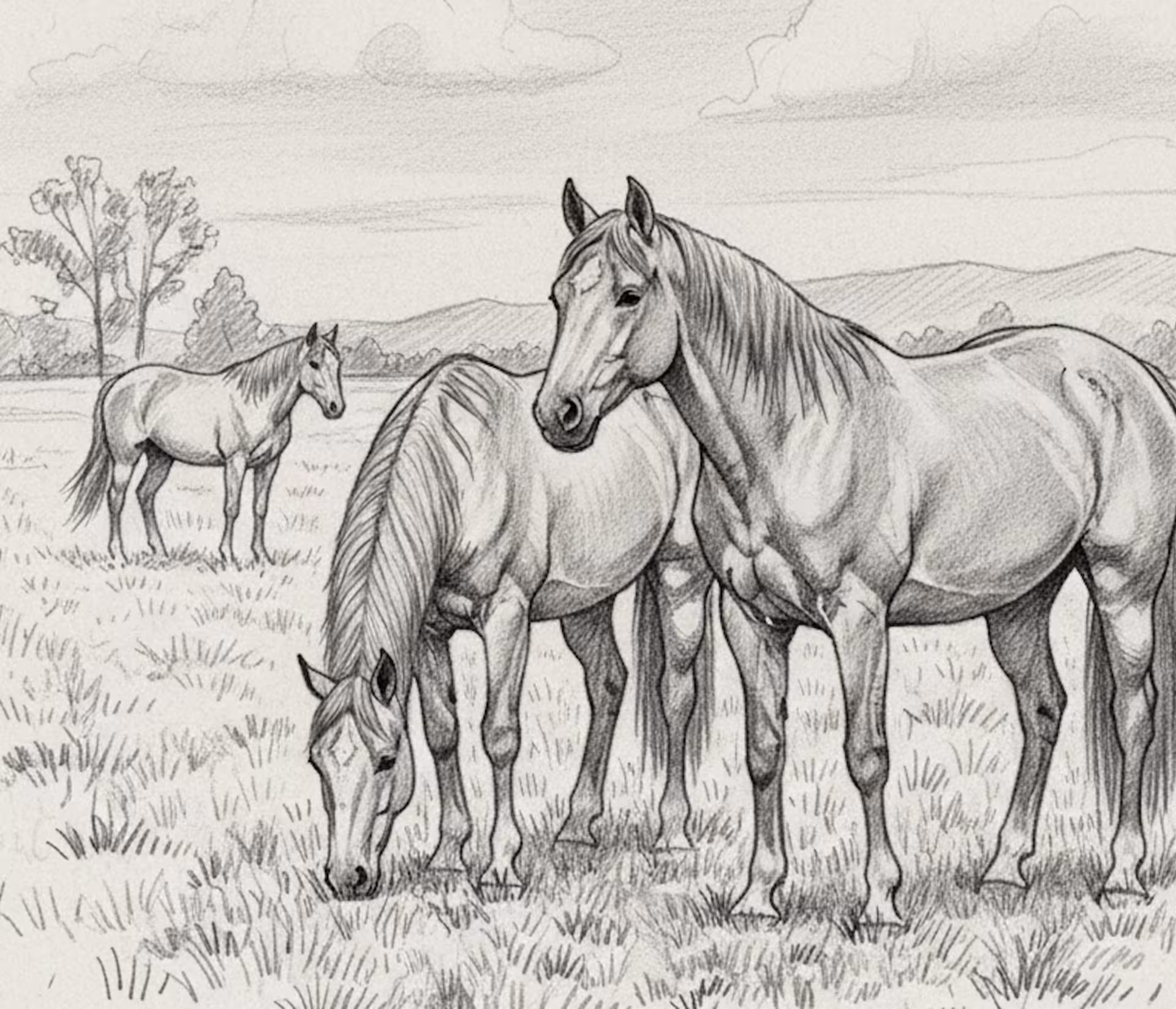 Zeichnung von Pferden auf einer Weide